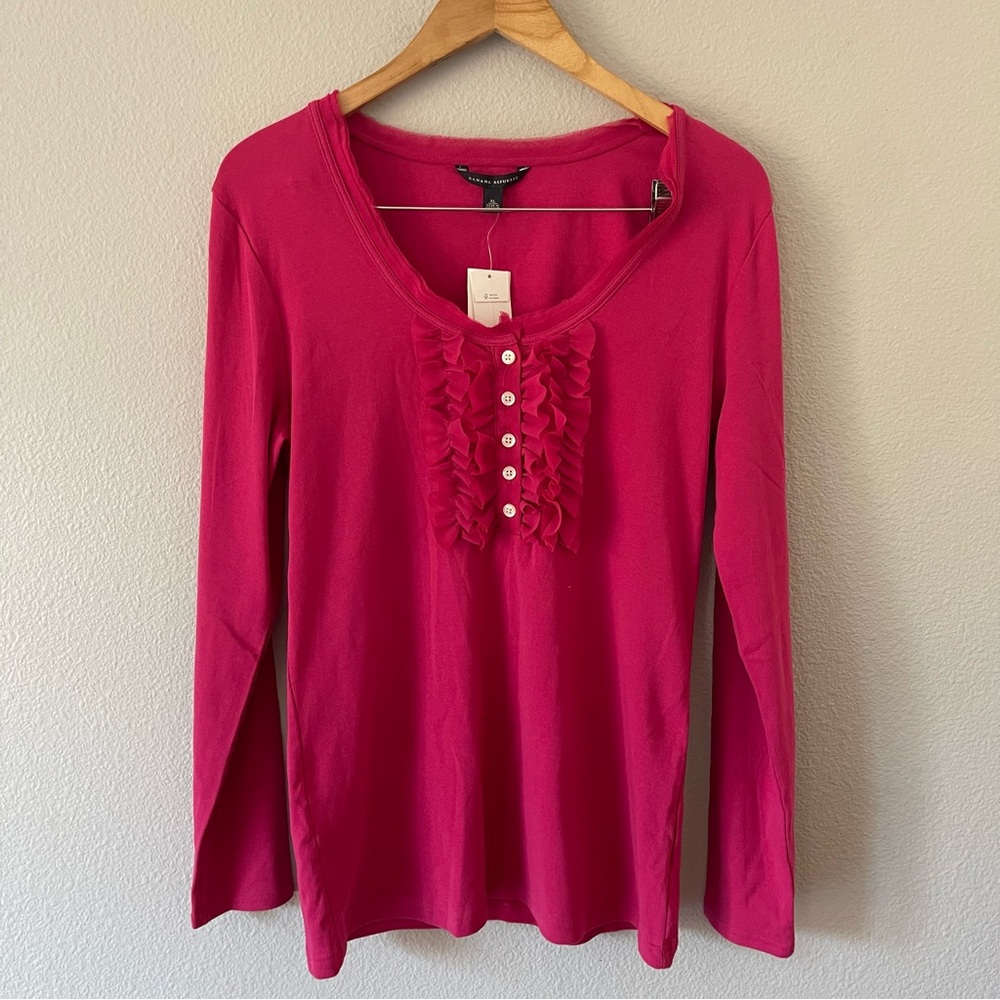 Banana Republic Hot Pink Ruffled Henley Top Size XL Long Sleeves